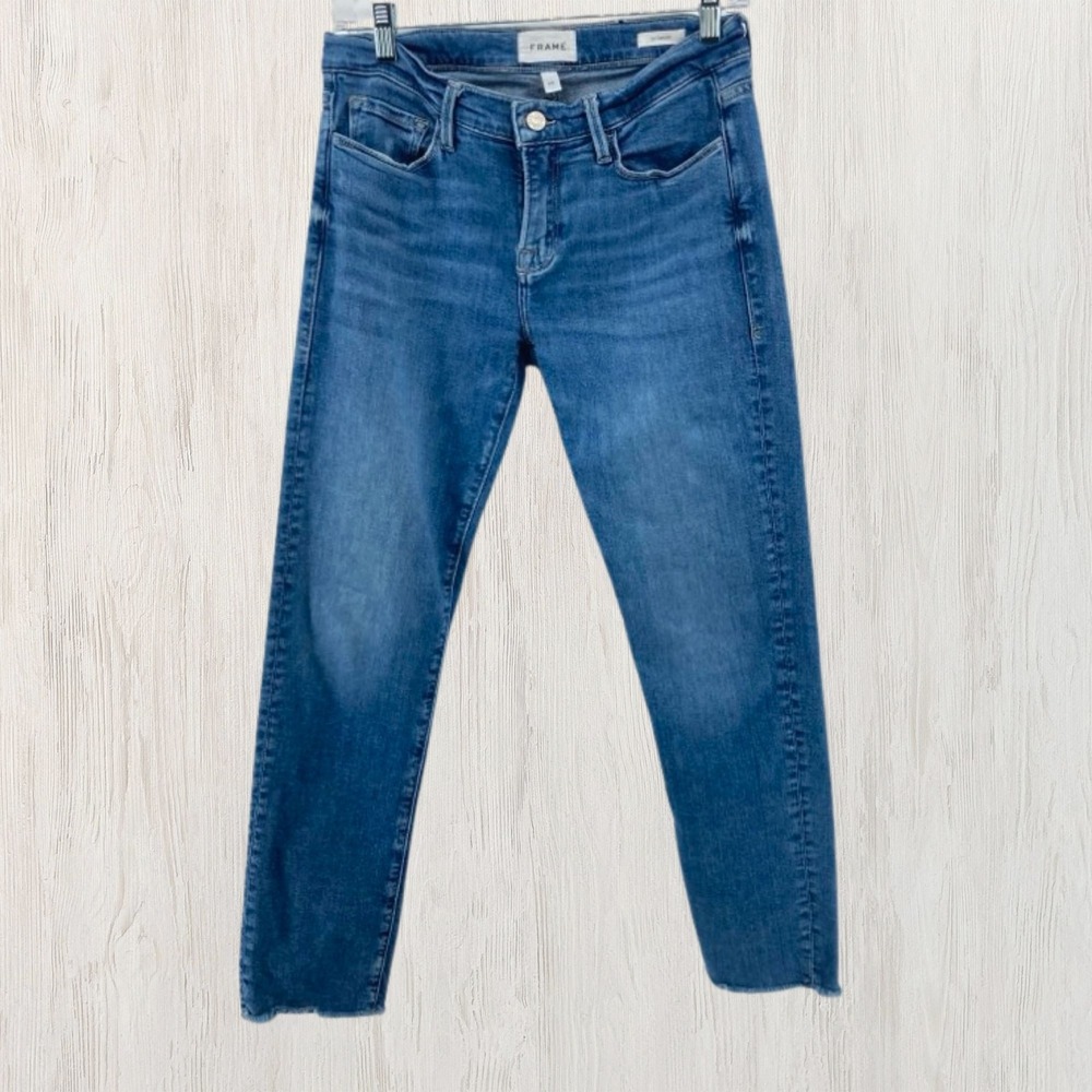 FRAME Le Garcon Tailored Boyfriend Jeans Gratitude Blue Raw Hem Size 25 Organic